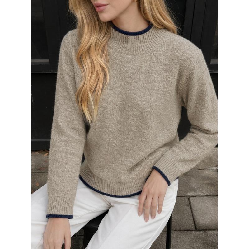 Women Half Turtleneck Color Block Long Sleeve Knitted Loose Pullover Sweater Casual Bottoming Top