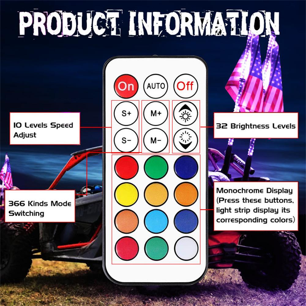 2PCS RZR Remote Control Light Antennas 3FT Spiral LED Whip Light Remote Control Multi-color Flagpole Lamp