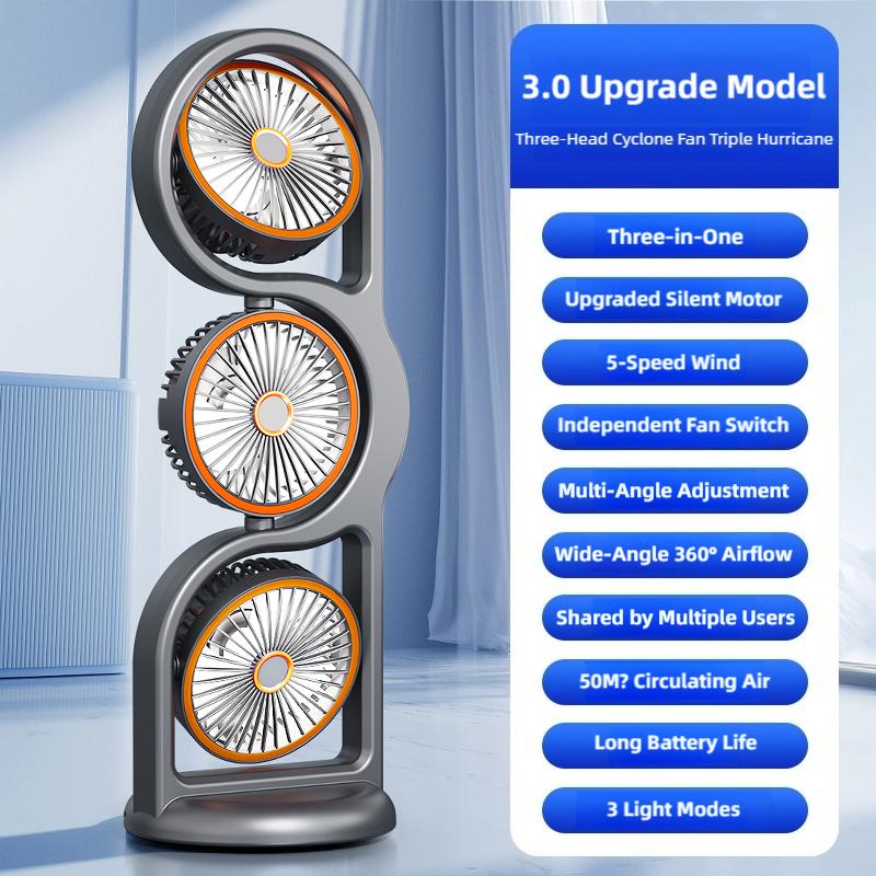 

New Portable USB Rechargeable Three-Head Fan 360° Circulation, 5-Speed Wind, Dormitory And Outdoor Desktop Fan