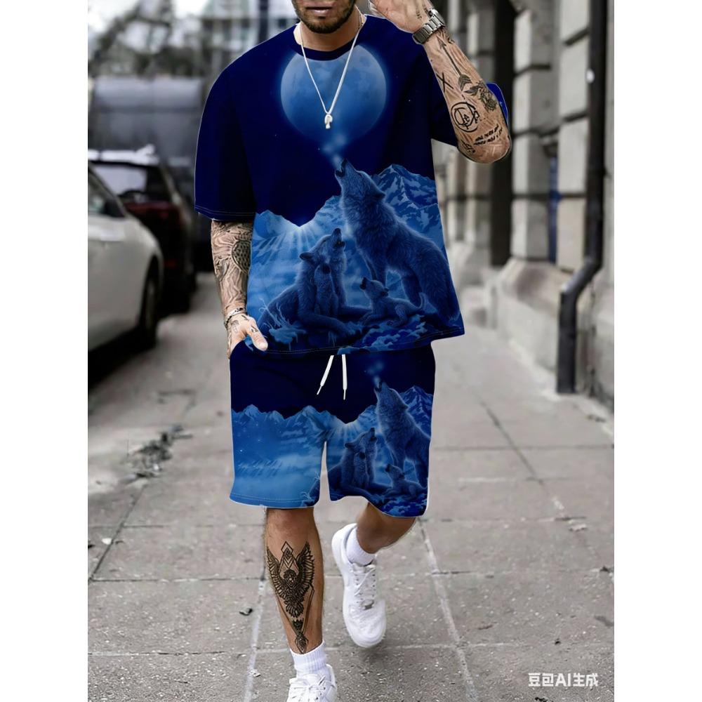 Men's Starry Sky Wolf Pack Print Short-Sleeved T-Shirt and Shorts Set