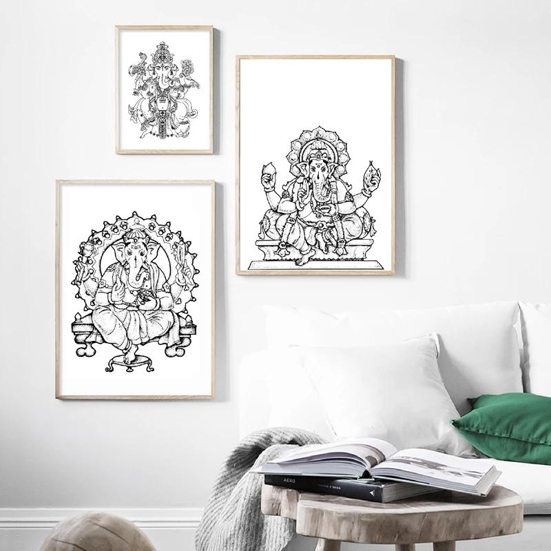 Hinduismus Hindu Gott Ganesha Maske Poster Religion Symbol Kunst Leinwandbild Schwarz Weiß Bilder Heimdeko Wandkunst Drucke Ohne Rahmen