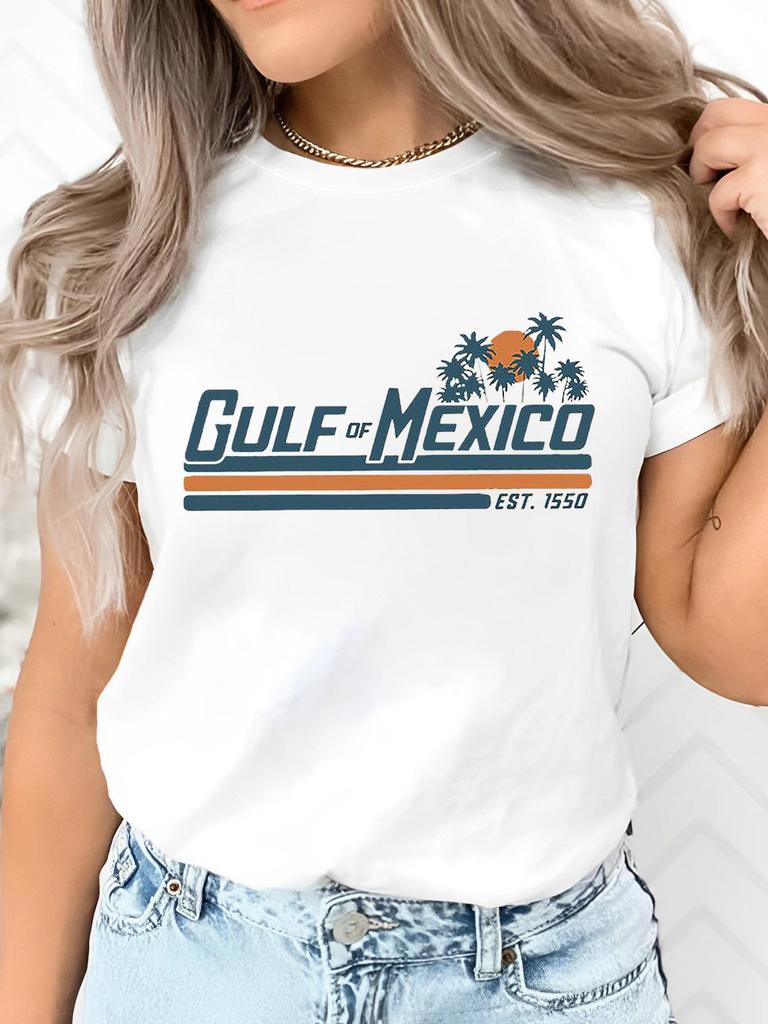 Women's French Round Neck Summer Beach Pattern T-Shirt