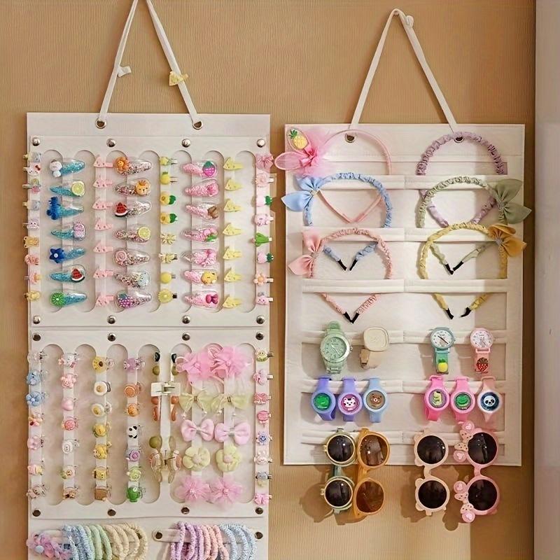 Pink Hanging Jewelry & Hair Accessory Organizer Bag - Felt Wall-Mounted Storage with Multiple Compartments for Headbands, Ribbons, and More