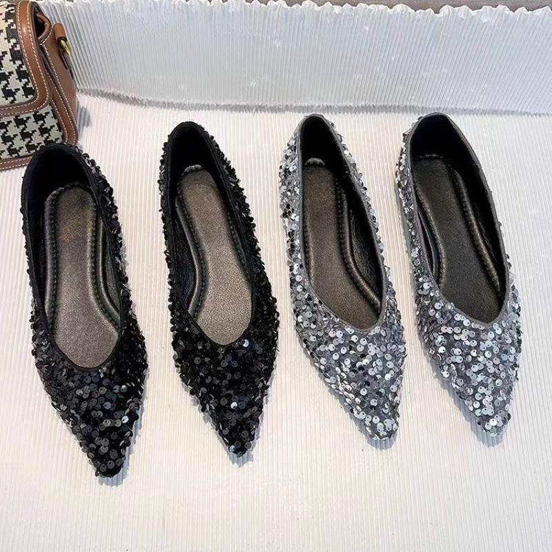 2025 Woman Fashion Pointed Toe Shoes Kawaii Solid Versatile Female Shoes Flats Bling Sequin Soft Sole Shallow Mary Jane Shoes