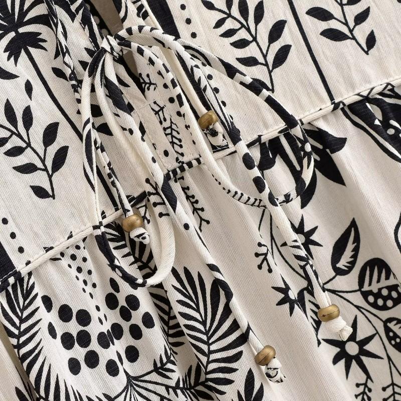 Bohemian Floral Print V-Neck Linen Blend A-Line Maxi Dress With Tie Waist Lantern Sleeves