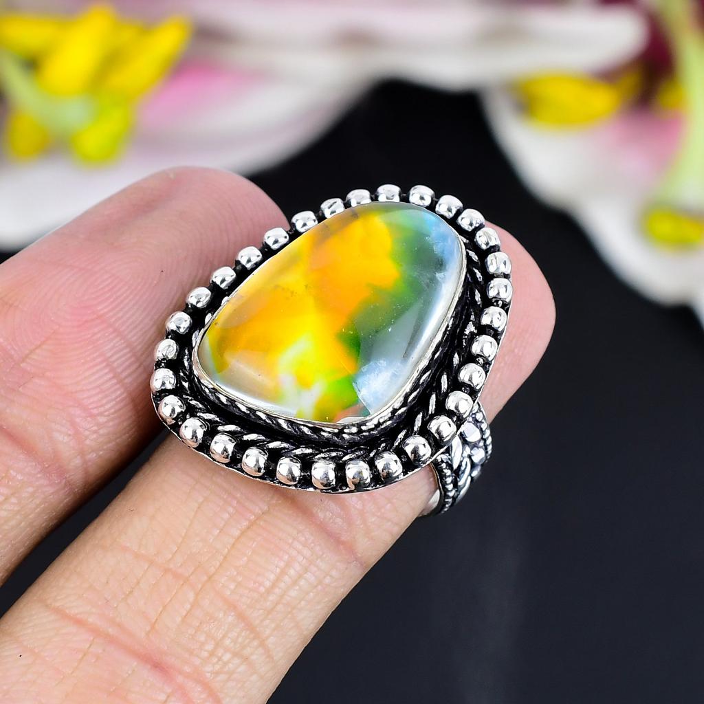 Mexican Dico Glass Gemstone 925 Sterling Silver Jewelry Ring Size 7.5 KG-1707