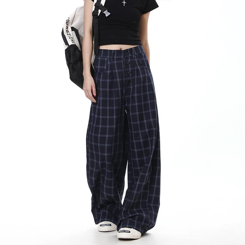 American Retro Plaid Multi-breasted Design Mopping Pants Men's and Women's Early Autumn Niche Lazy Wind Straight Wide-leg Trousers