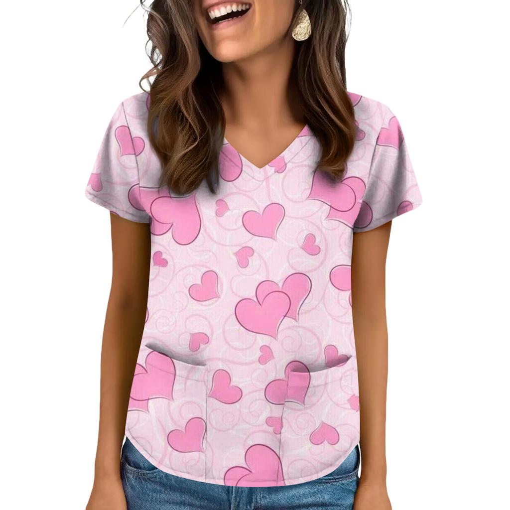 Women's V-neck Valentine's Day Printed Short-sleeved Top With Pockets And Side Slits, Suitable For Caregivers.