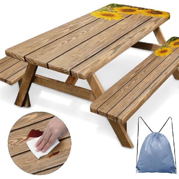 Sunflower Wooden Picnic Table Cover with Bench Covers, Rustic Summer Floral Farmhouse Outdoor Camping Essentials 6FT 3PCS Fitted Rectangle RV Must