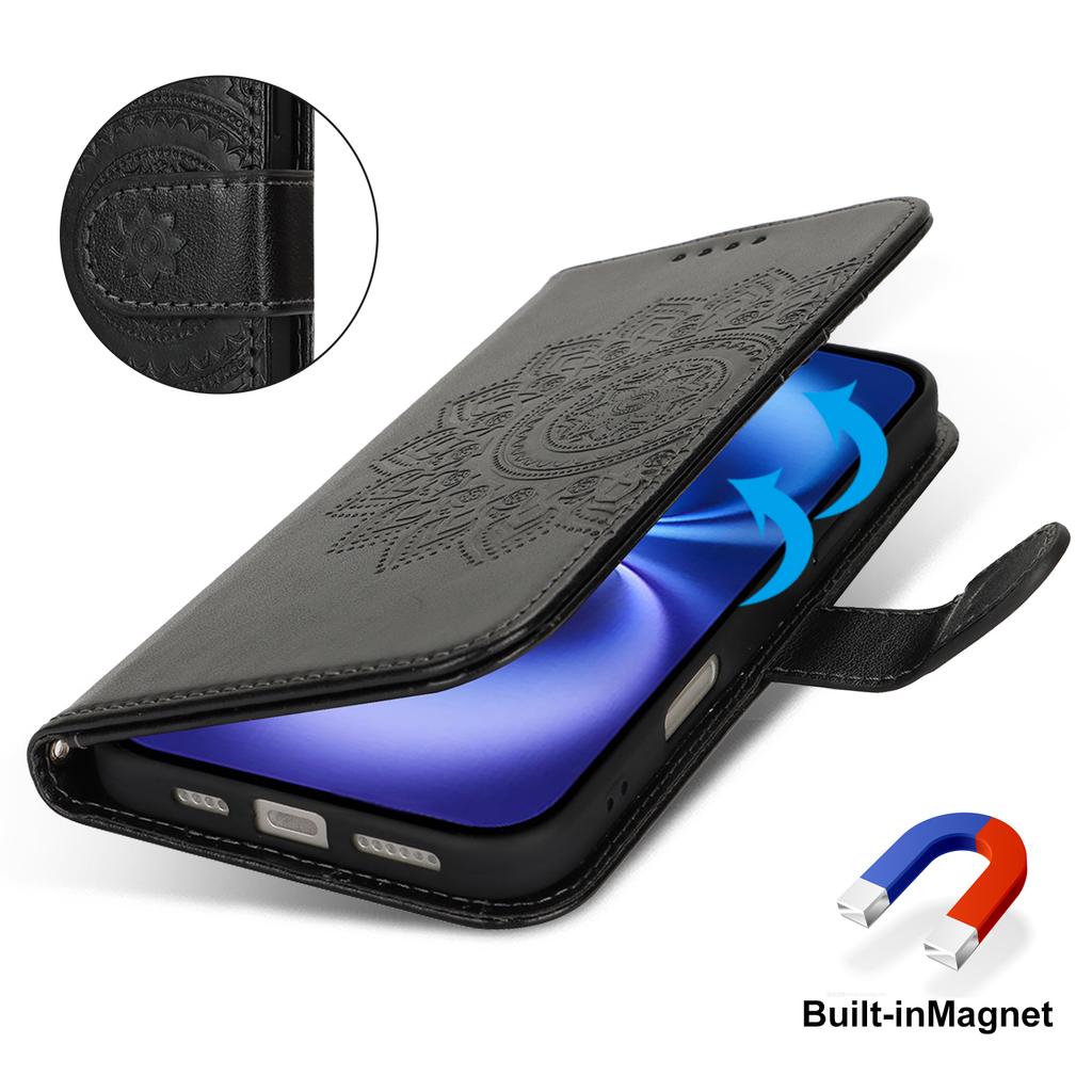 For iPhone 16 Stand Case Textured Leather Wallet Phone Cover with Strap