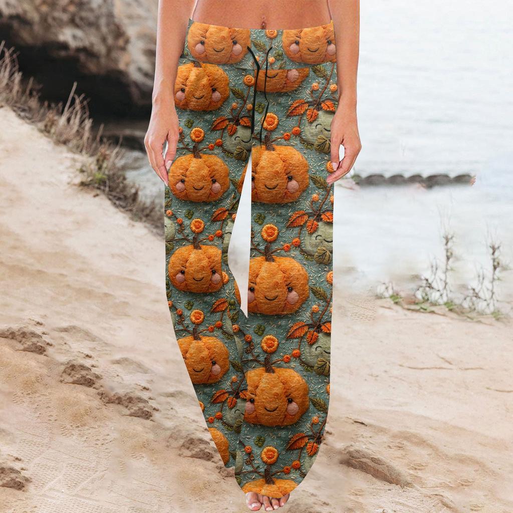 Women's Comfy Pajama Pants Halloween Print Drawstring Wide-leg Pants