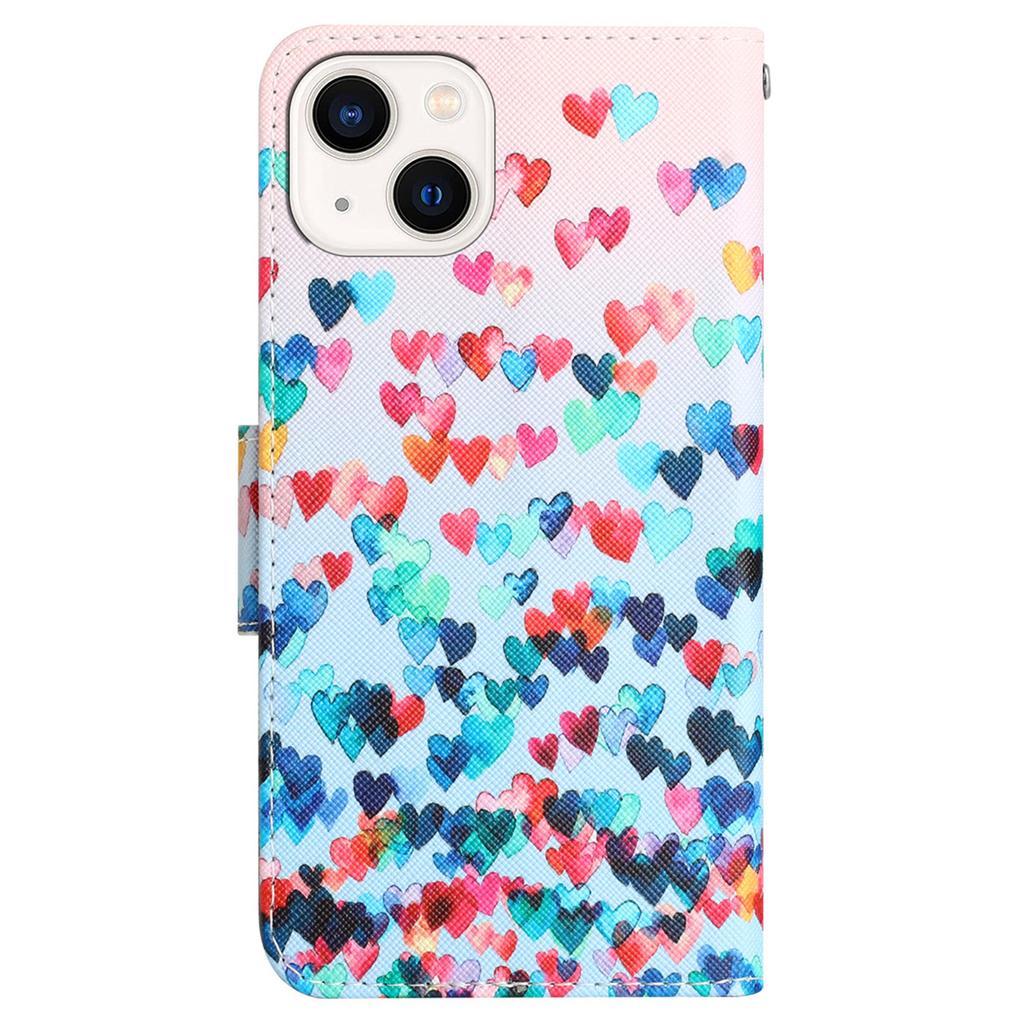For iPhone 15 Pattern Printing Flip Wallet Case PU Leather Stand Phone Cover with Strap