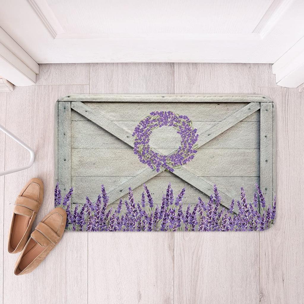 Purple Flowers Rug Watercolor Lavender Carpet Romantic Floral Doormat for Girls Teen,Wild Country Style Garden Flower Floor Mat
