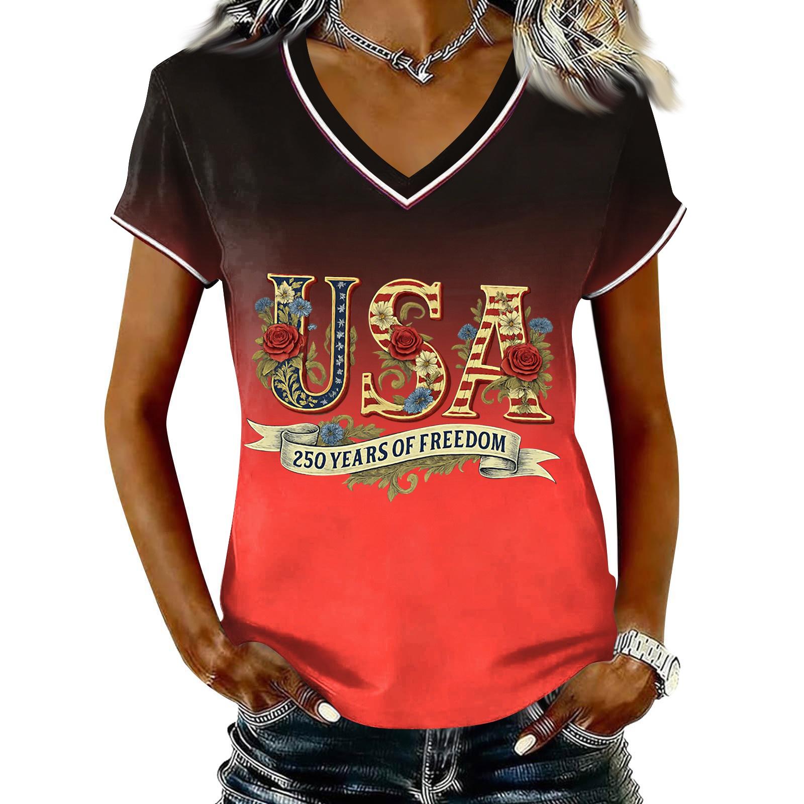 

Women s Casual V Neck Short Sleeve Pullover T Shirt Gradient Print USA Graphic Top Suitable for Daily Wear and Outdoor Activities S