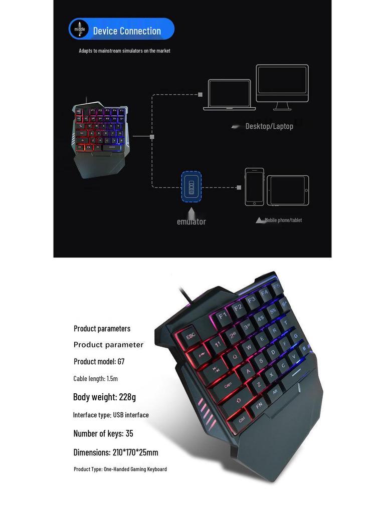 G7 One-Handed Mechanical Gaming Keyboard with Color Backlight for PUBG Esports