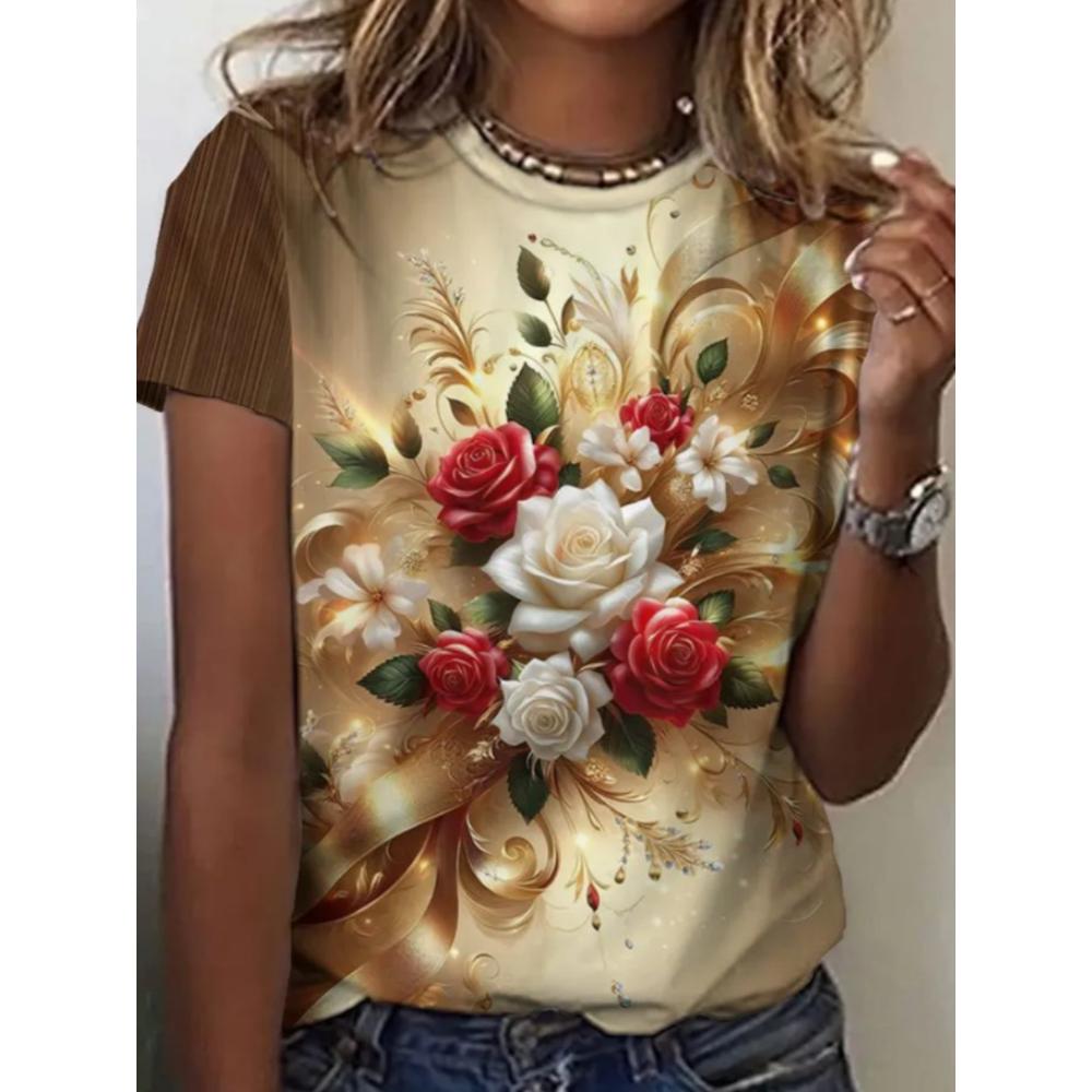 Summer Women T-shirt Creative Flower 3D Printed Short Sleeved T-shirt Fashionable Comfortable Soft Breathable Large Loose T-shirt