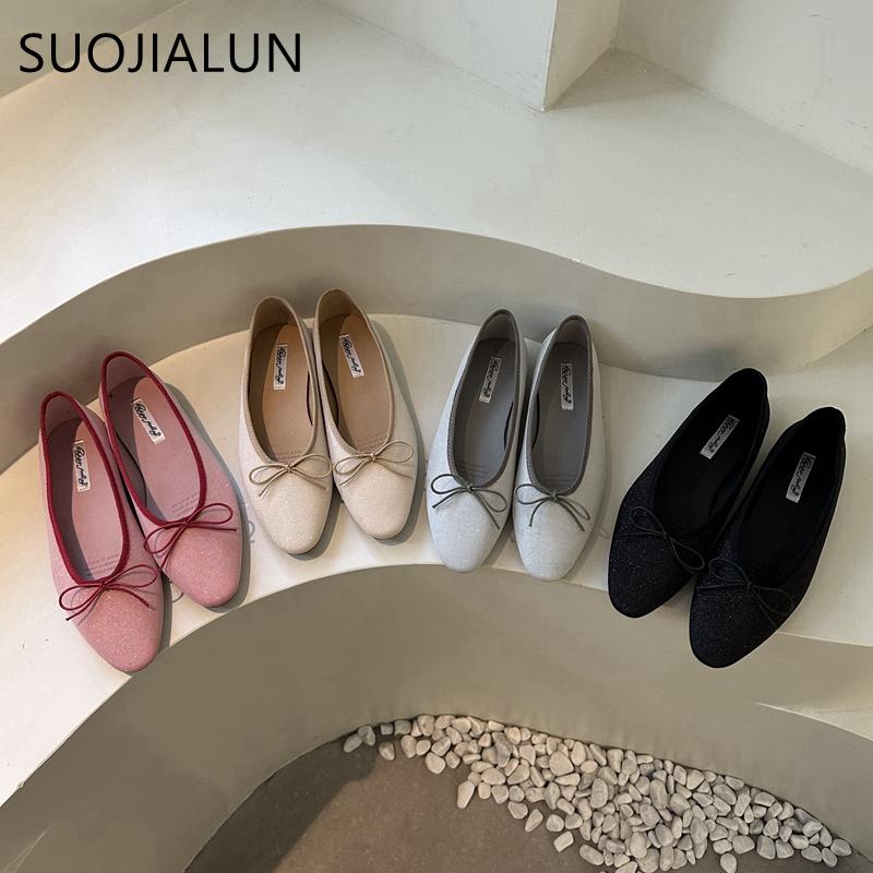 Fashion SUOJIALUN Spring New Brand Women Flat Shoes Fashion Round Toe Shallow Slip On  Ballerinas Shoes Soft Flat Heel Dress Ballet Shoe