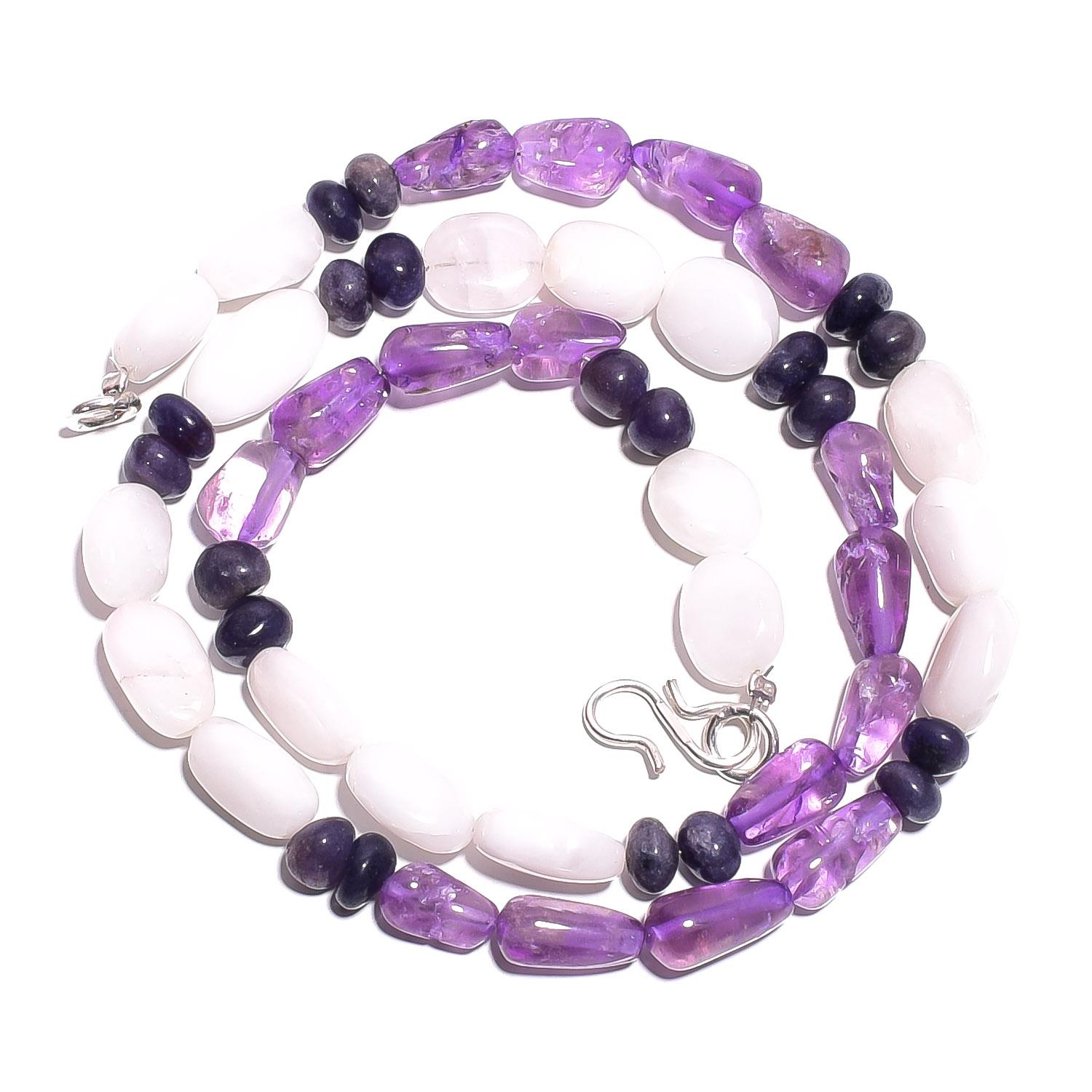 

Natural Moonstone Amethyst Iolite Gemstone Smooth Beads Necklace 17 UB-4764 UB-4764