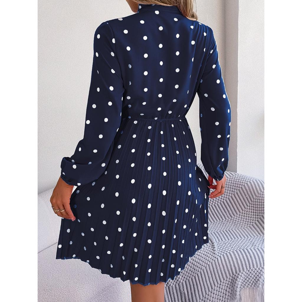 GMXIA Autumn and Winter Stylish Polka Dot Tie Waist-cinching Long-sleeved Pleated Skirt Women's Wear