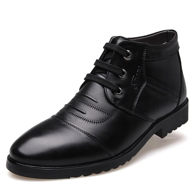 High Quality Black Leather Winter Thick Plush Warm MEN'S Ankle Snow Boots Fashion Style Business Dress Male Shoes Party Footwear