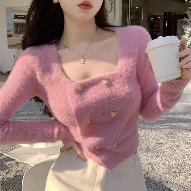 Korean Sweater Temperament Small Fragrant Short Cardigan Sweater Women Collar Double Breasted Knit Design Sense Cardigan Female