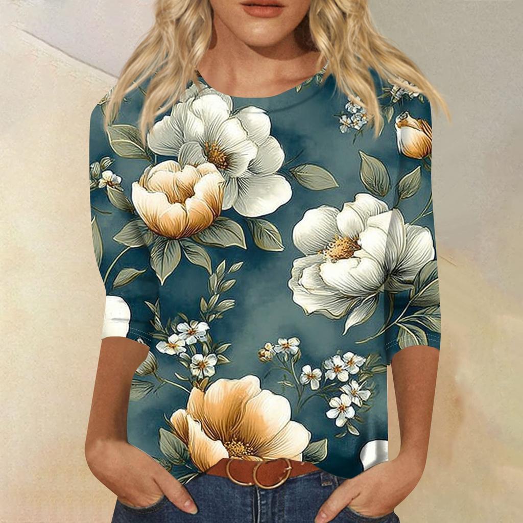 Women's Fashion Casual Round Neck Three Quarter Sleeve Printed T-Shirt Top