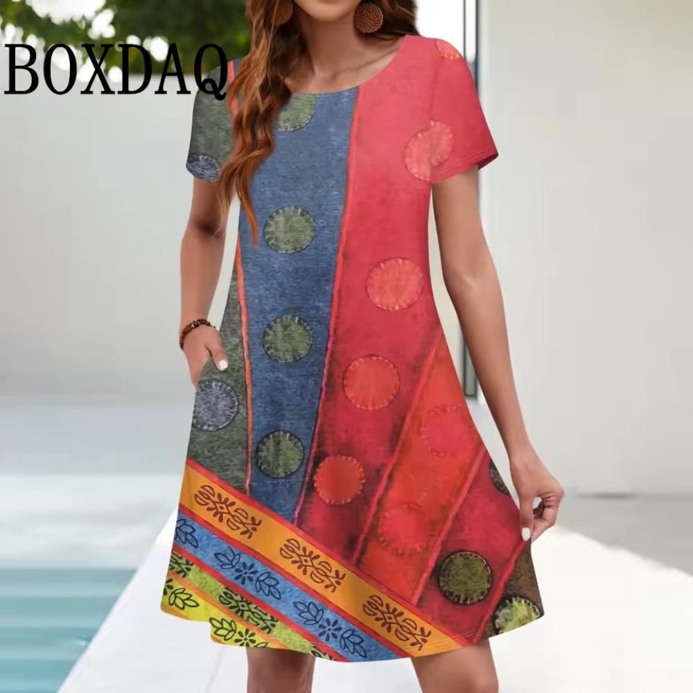 Women's Casual Floral Print Summer Bohemian Beach Dress Loose Short-sleeved Ladies Dress