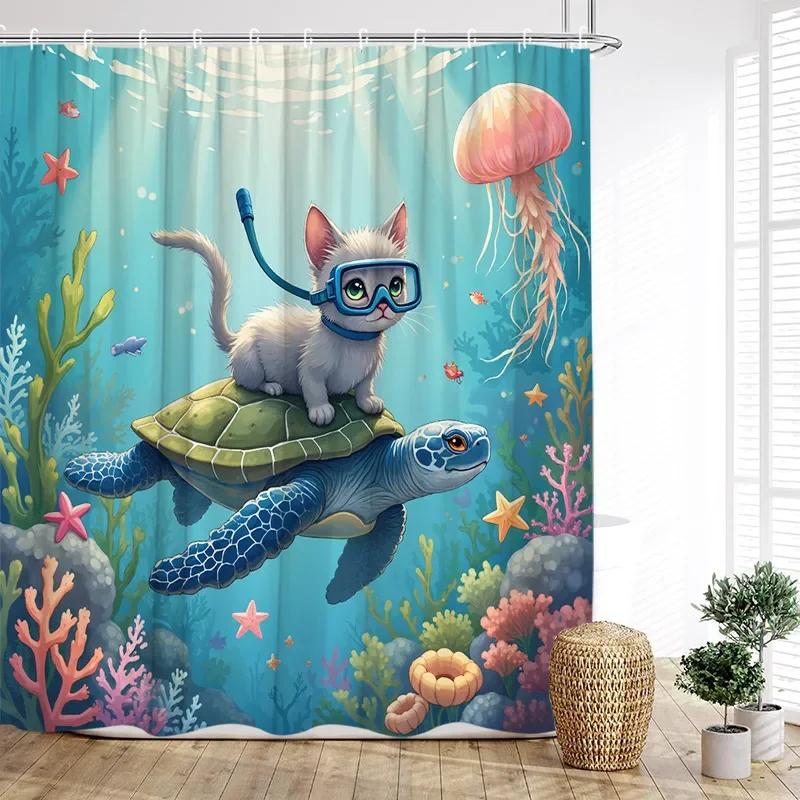 Funny Diving Cat Dog Shower Curtain Cute Cartoon Bathing Animals Sea Turtle Underwater Scenery Kids Bathroom Curtains Decor Set