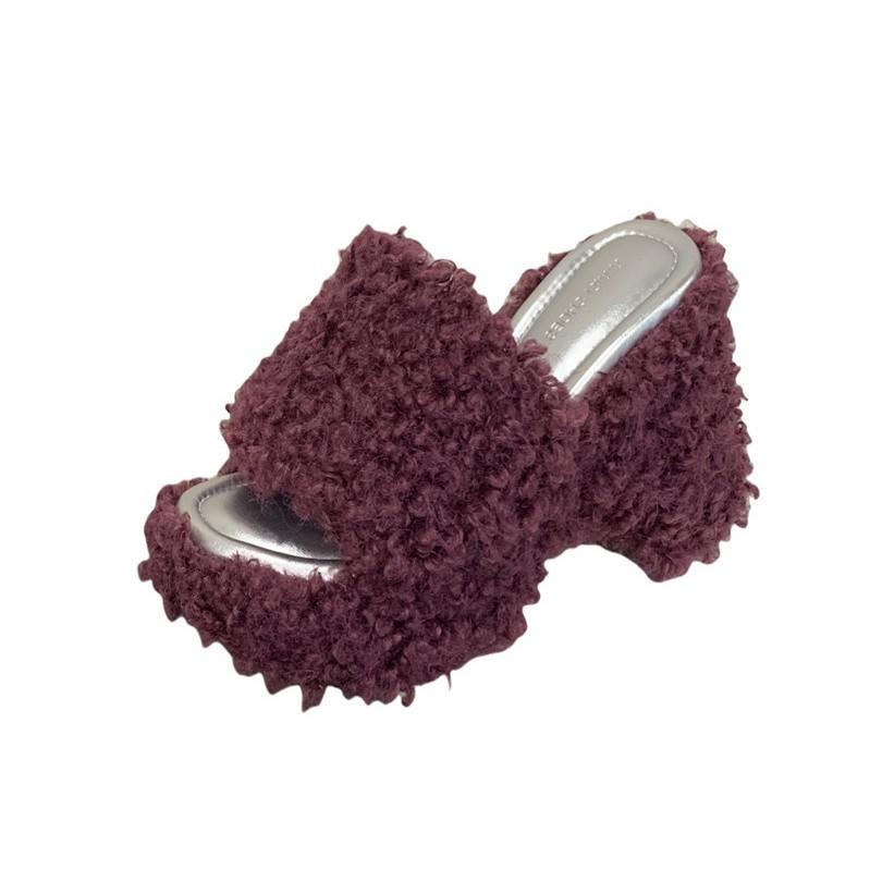 Slope heel open-toed one-word fluffy slippers women's 2025 autumn and winter wear fashion muffin thick-soled high-heeled cool slippers