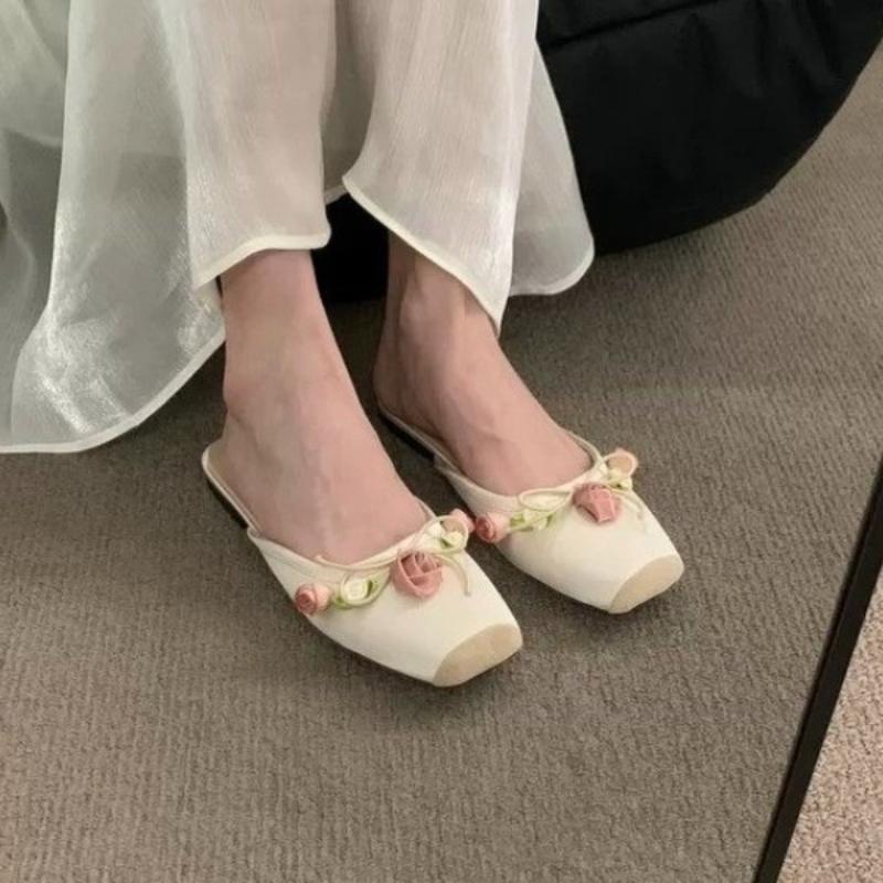 Flower Women Flats Slippers Bow Elegent Mules Shoes Women's Sandals 2025 Summer Dress Fashion Slides Casual New Mujer Sandalias