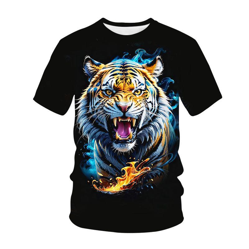 

Мужская, женская, детская дышащая футболка с коротким рукавом, свободного кроя, для быстрой езды, с 3D-принтом пламени тигра, повседневная 6XL