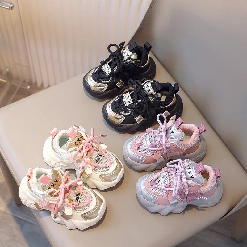 Kids Casual Sneakers with Cross Straps 2024 New Girls' Fashion Mesh Sports Shoes Boys' Versatile Running Shoes Wear-resistant