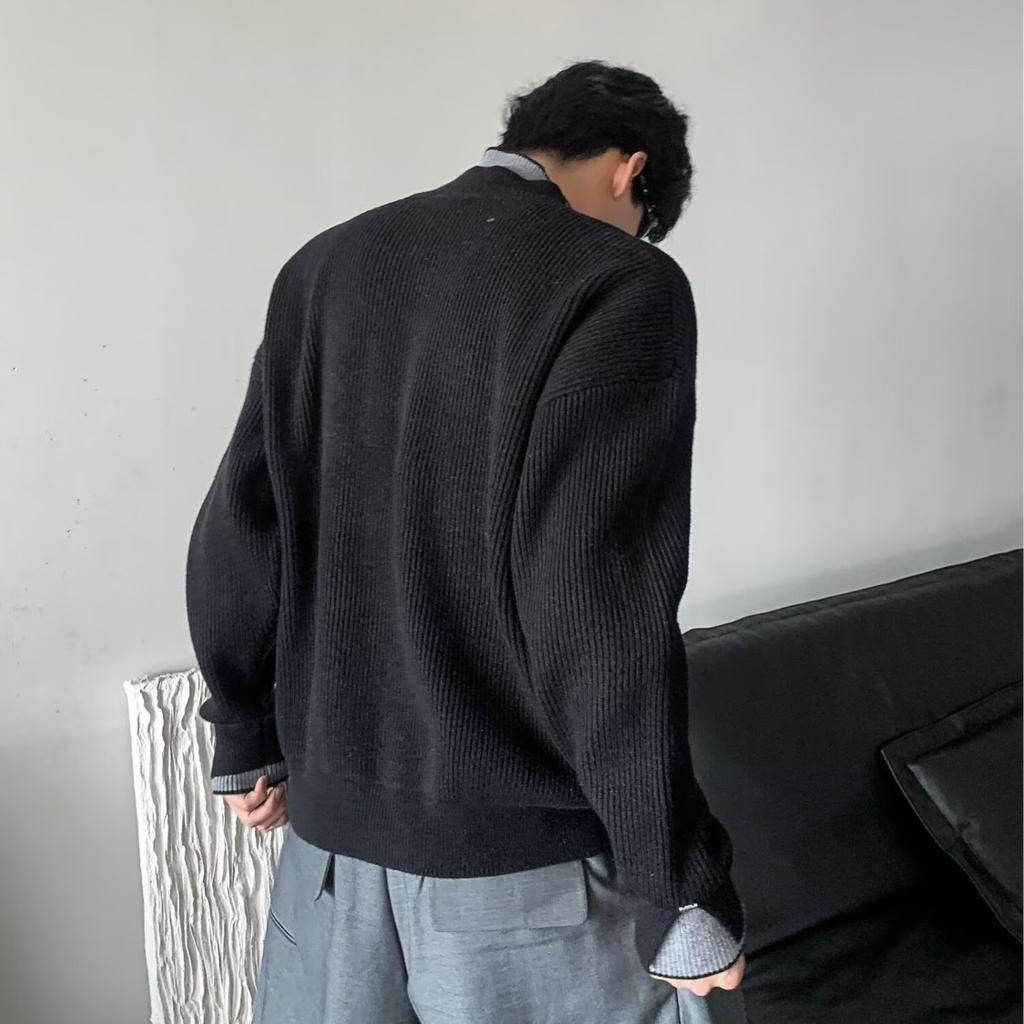 Niche fake two-piece contrasting color double-layer turtleneck sweater men's autumn popular style simple casual knitted sweater top