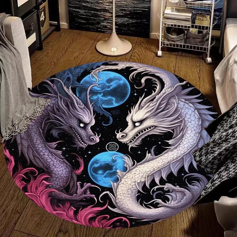 Crystal Velvet Tree of Life Round Rug, Dragon Tiger Yin Yang Print Non Slip Floor Mat for Living Room, Bedroom, Home Decor