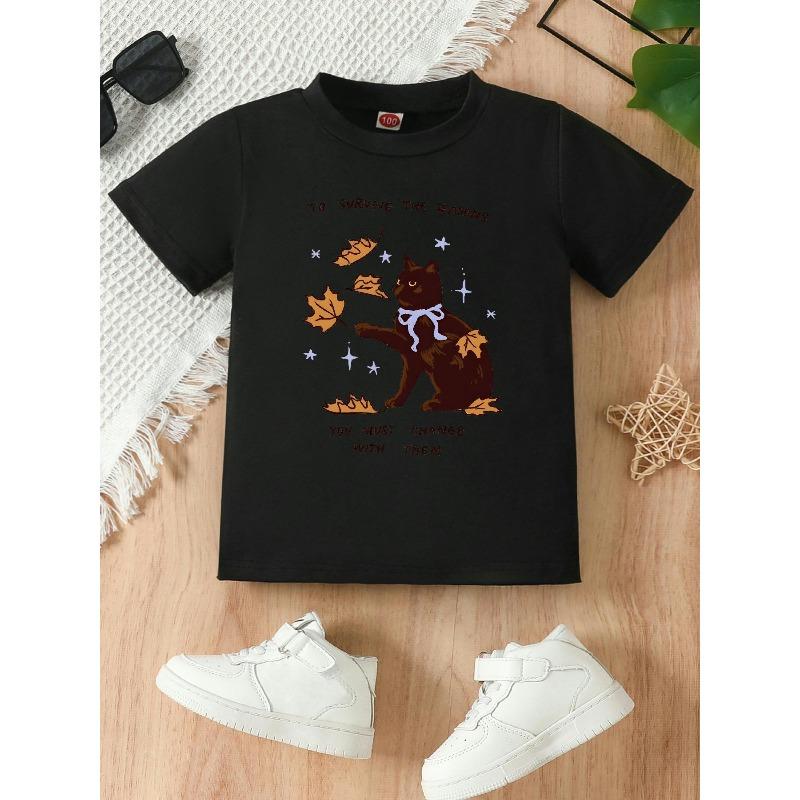 

European sizes Cute Kitten And Leaf Illustration Print Summer T-Shirt, Polyester T-Shirt, Crew Neck T-Shirt, Suitable for Daily Wear, School Sports 98cm чёрный