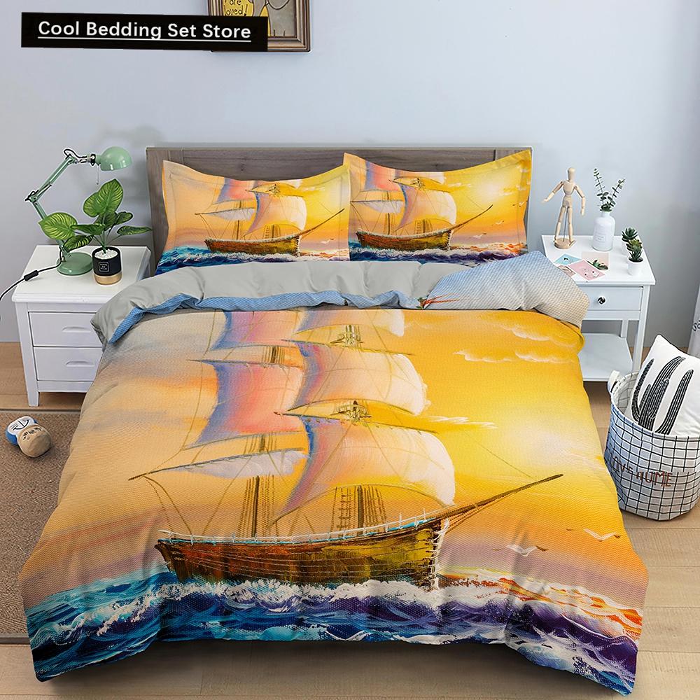 Nautical Sailboat Duvet Cover Queen King Size 3D Oil Painting Boat Style Bedding Set Ocean Soft 2/3pcs Polyester Quilt Cover