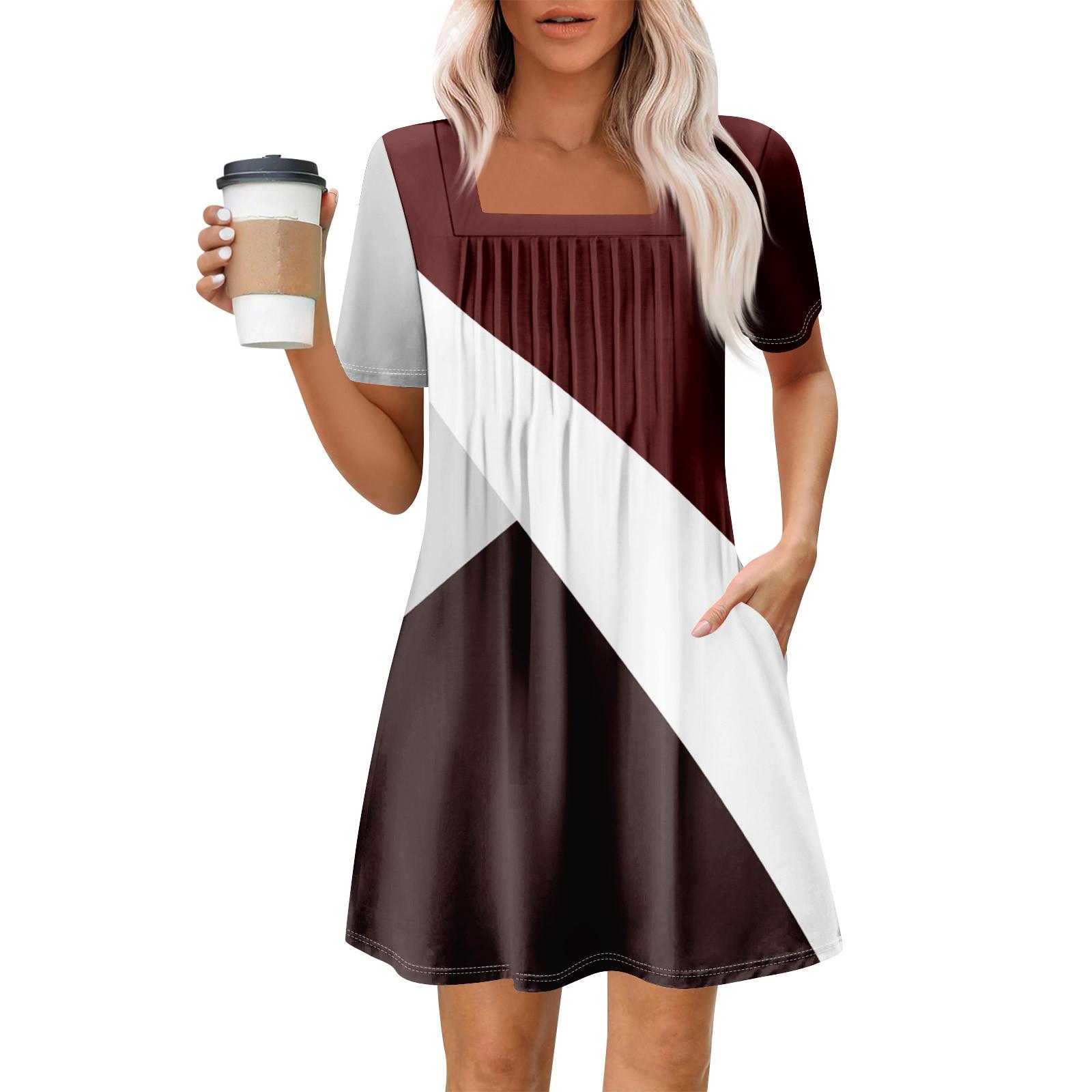 

Женские летние повседневные платья с квадратным вырезом, плиссировкой спереди и карманом, с короткими рукавами и принтом XXXL винный