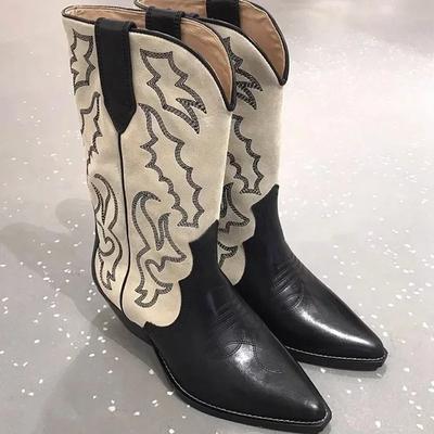 Ricamo Donna Stivali Cowboy Western Moda Slip On Tacco Grosso Stivaletti Lunghi da Cavaliere Stile Retrò Autunno Inverno Scarpe Femminili