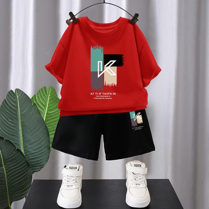 

Летний дышащий детский костюм из хлопка с короткими рукавами, свободная корейская футболка для мальчиков, универсальный костюм с короткими рукавами 110