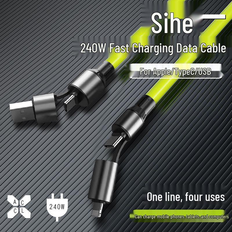 240W Silicone 4-in-1 Fast Charging Cable for Apple, Xiaomi, Huawei & Android Devices.