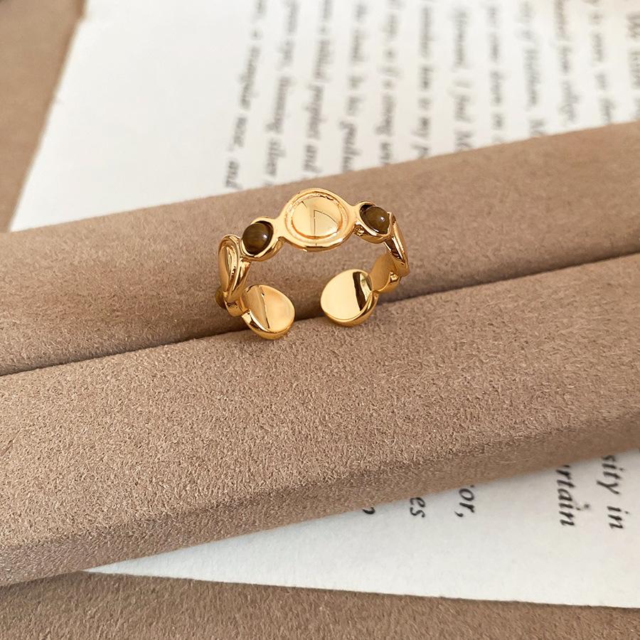 

18k real gold electroplated tiger s eye stone round open ring Maillard retro index finger ring light luxury temperament jewelry women