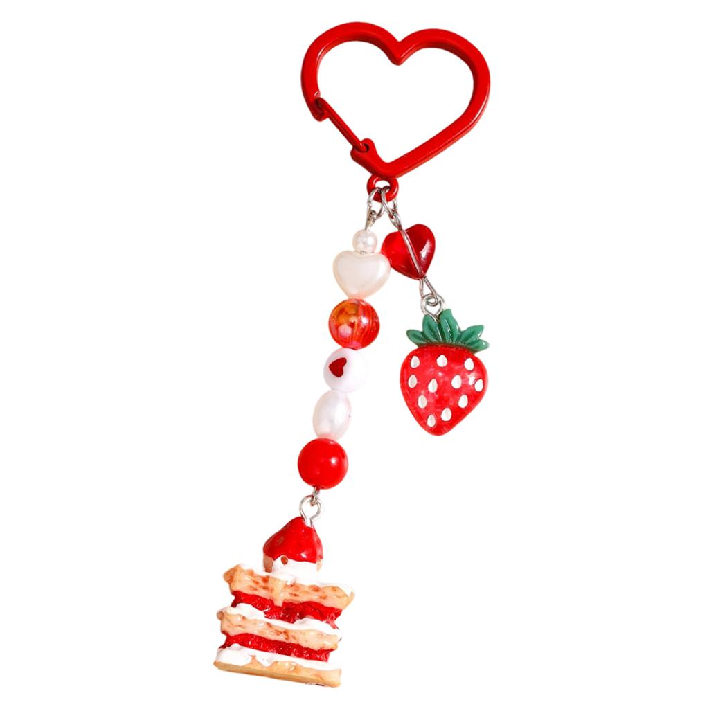Strawberry Cake Charm Keychain With Beaded Heart Detail Stylish Bag Accessory Sweet Gift For Friend Alloy Resin Jewelry Decoration
