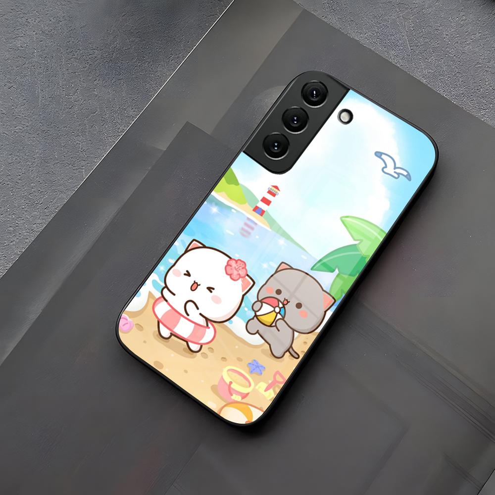 Fun Cartoon Peach Mochi Cat Phone Case Glass For Samsung Galaxy S23 S24 S21 S25 S22 S20 Ultra Fe Plus A55 A15 A14 Coque