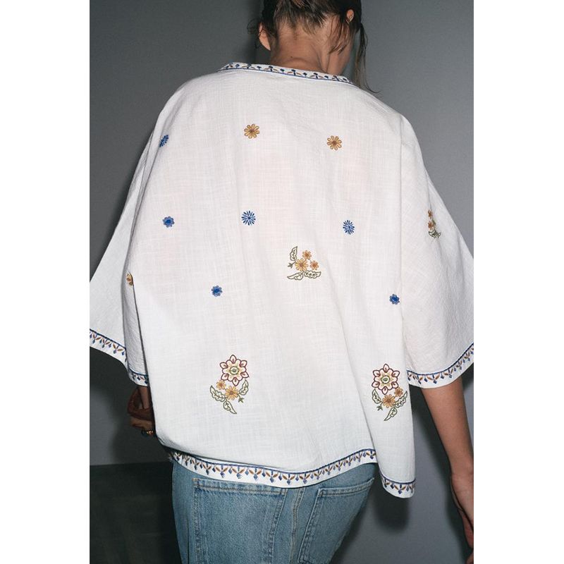 Summer New Product Women's Clothes Casual Style V Neck Wide Sleeve Over the Elbow Color Contrast Patchwork Embroider Decorative Shirt 5107063