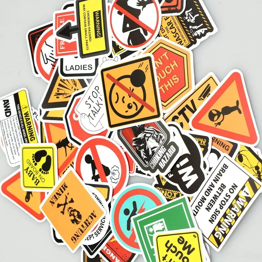 50pcs Cartoon Warning Stickers - Danger/Banning Decals for Skateboard/Guitar/Laptop/Motorcycle/Car (Cool)