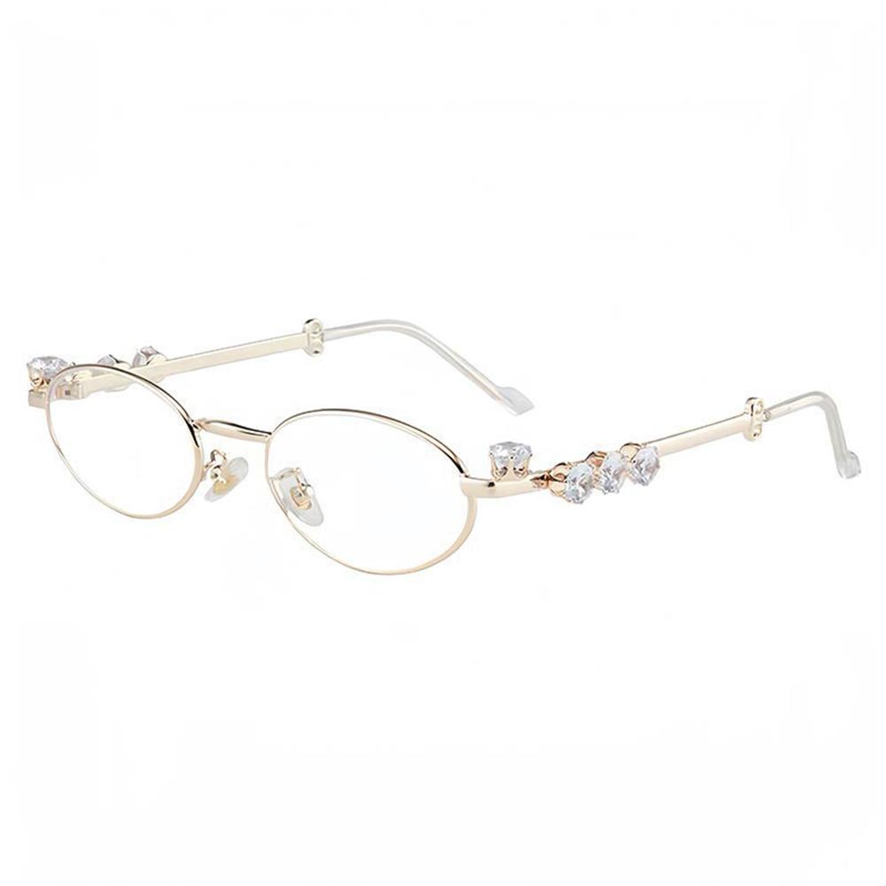Elegant Metal Frame Oval Glasses with Sparkling Rhinestone Decorated Plano Glasses