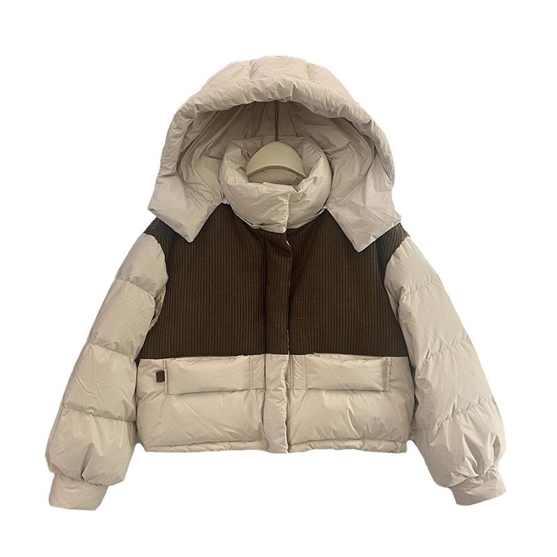 Corduroy splicing down jacket women's short 2024 winter new fashion contrasting colors thickened white duck down bread jacket tide