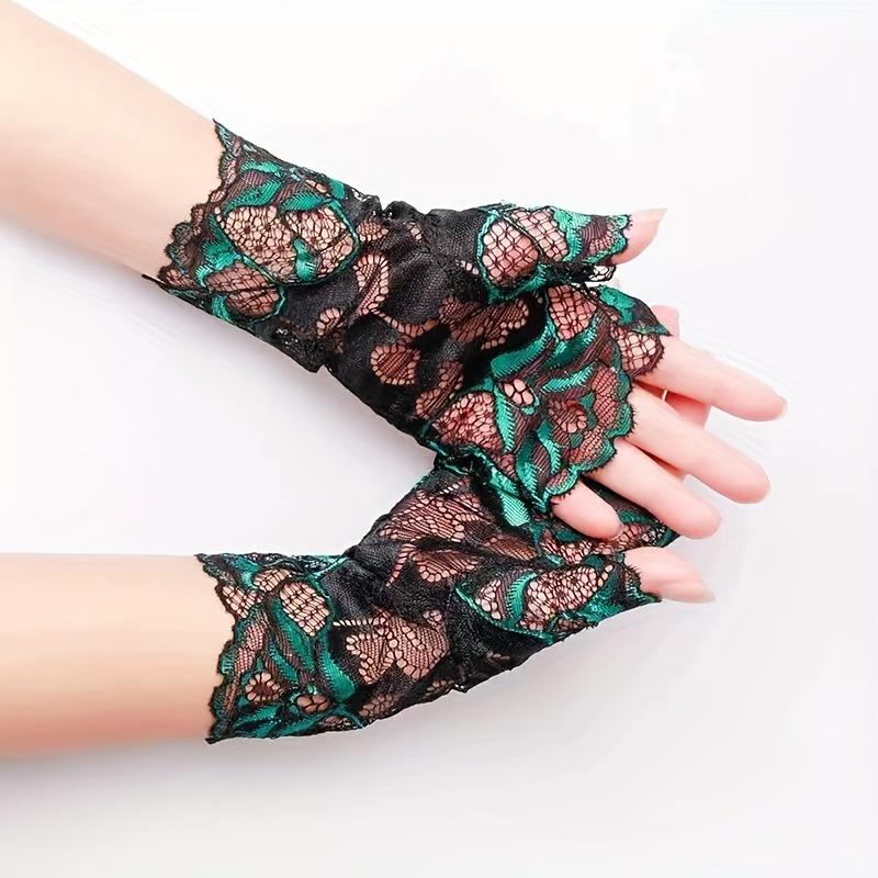 

1 пара женских модных кружевных перчаток Nanatongxue с полупальцами - узор розы, эластичная посадка, защита от солнца, повседневная одежда для выходных озеро синий