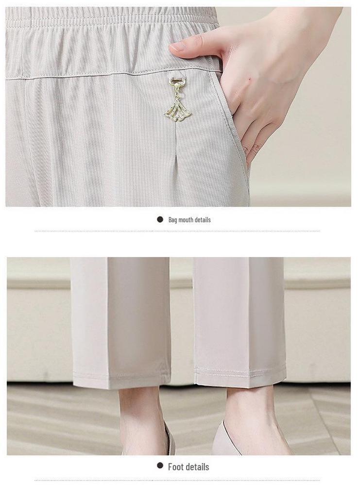 Summer Ice Silk Elastic Waist Pants for Middle-aged Women: Stretchy, Straight-leg Casual Wear for Comfort.