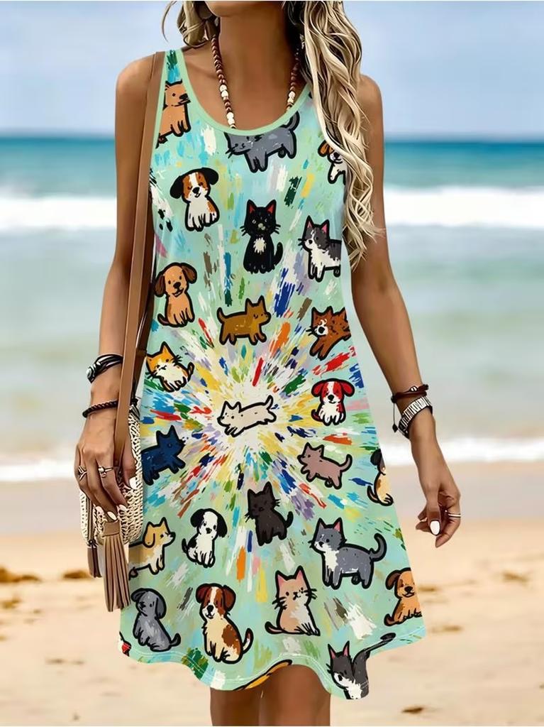 Casual Women Tank Dress Summer Sleeveless O-Neck 3D Print Loose A-Line Dress Beach Vest Dress